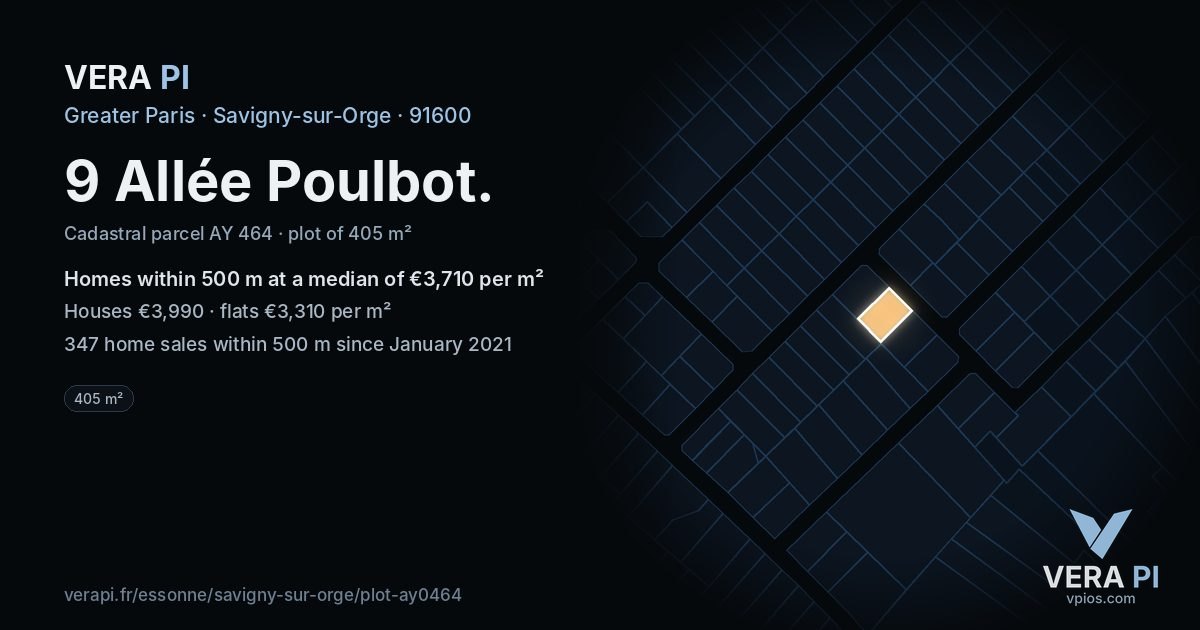9 Allée Poulbot, Savigny-sur-Orge at night – the plot lit, the parcels around coloured by the prices near them