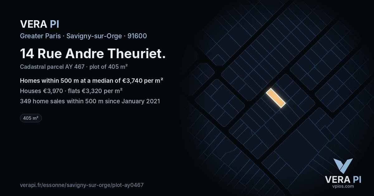 14 Rue Andre Theuriet, Savigny-sur-Orge at night – the plot lit, the parcels around coloured by the prices near them
