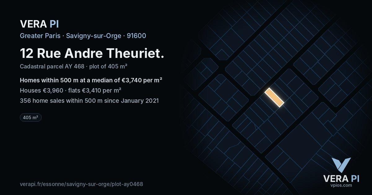 12 Rue Andre Theuriet, Savigny-sur-Orge at night – the plot lit, the parcels around coloured by the prices near them