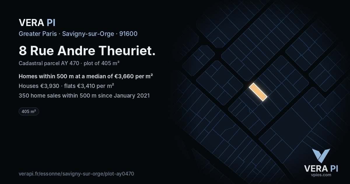 8 Rue Andre Theuriet, Savigny-sur-Orge at night – the plot lit, the parcels around coloured by the prices near them