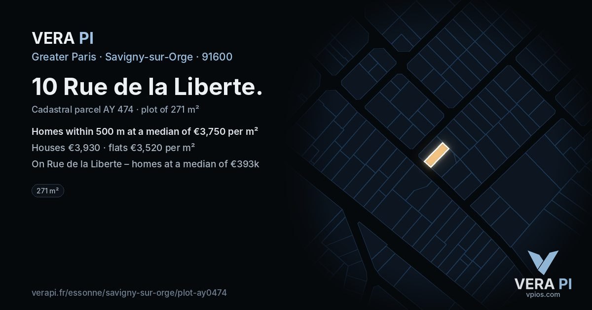 10 Rue de la Liberte, Savigny-sur-Orge at night – the plot lit, the parcels around coloured by the prices near them