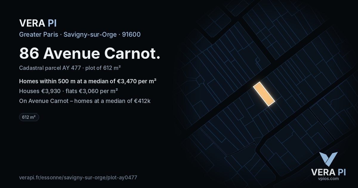 86 Avenue Carnot, Savigny-sur-Orge at night – the plot lit, the parcels around coloured by the prices near them