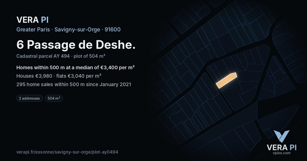 6 Passage de Deshe, Savigny-sur-Orge at night – the plot lit, the parcels around coloured by the prices near them