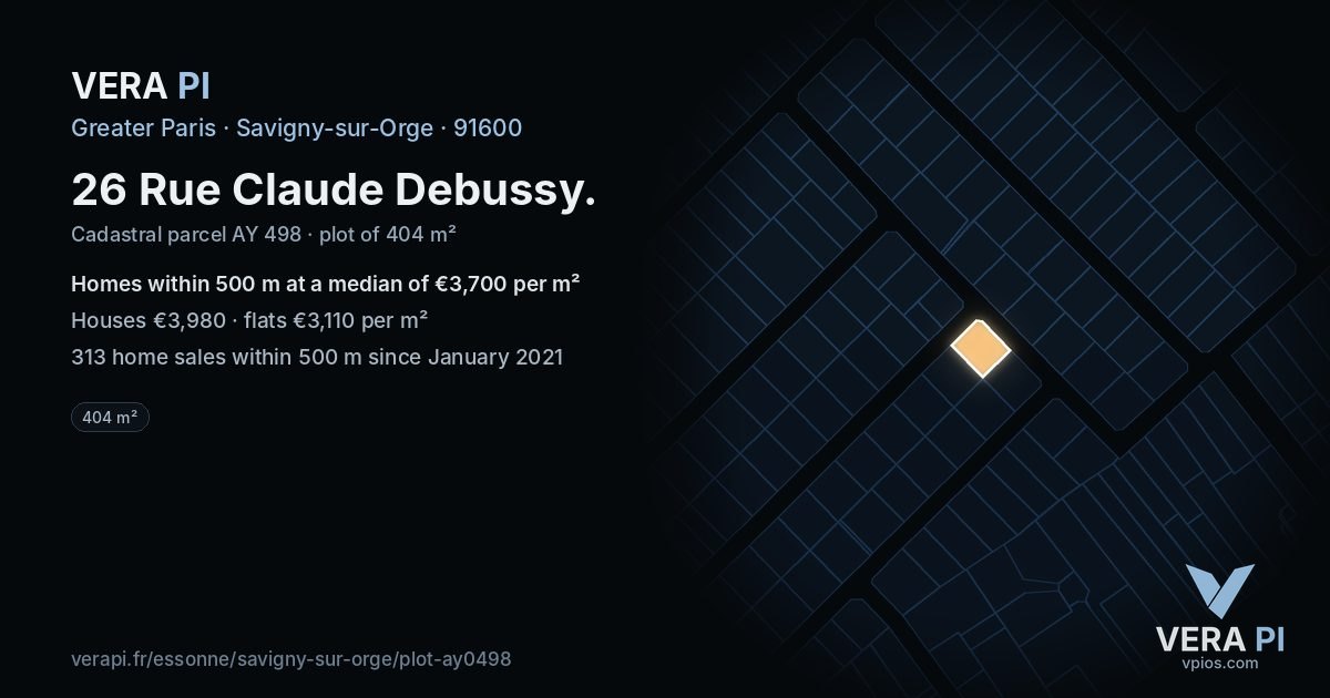 26 Rue Claude Debussy, Savigny-sur-Orge at night – the plot lit, the parcels around coloured by the prices near them