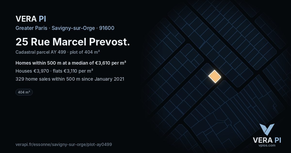 25 Rue Marcel Prevost, Savigny-sur-Orge at night – the plot lit, the parcels around coloured by the prices near them