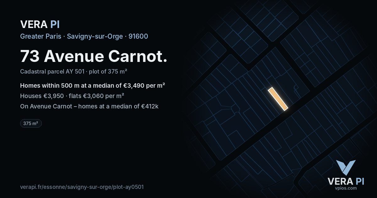73 Avenue Carnot, Savigny-sur-Orge at night – the plot lit, the parcels around coloured by the prices near them