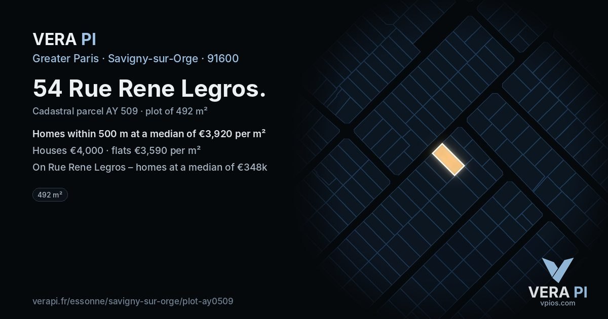 54 Rue Rene Legros, Savigny-sur-Orge at night – the plot lit, the parcels around coloured by the prices near them