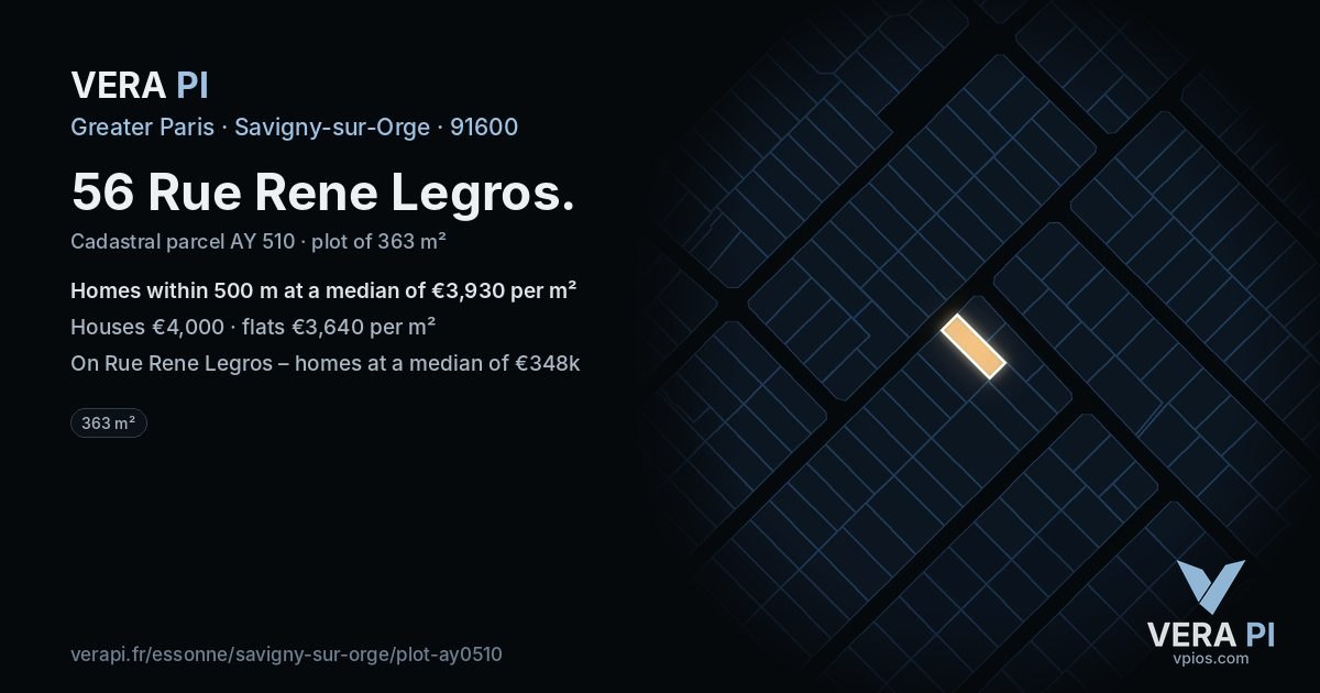 56 Rue Rene Legros, Savigny-sur-Orge at night – the plot lit, the parcels around coloured by the prices near them