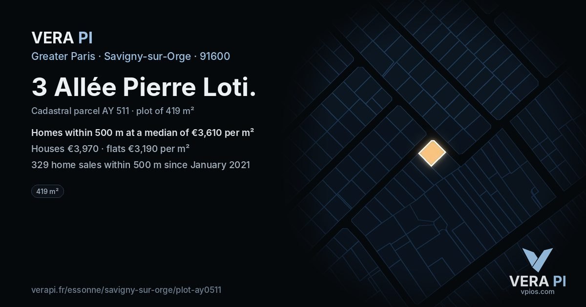 3 Allée Pierre Loti, Savigny-sur-Orge at night – the plot lit, the parcels around coloured by the prices near them