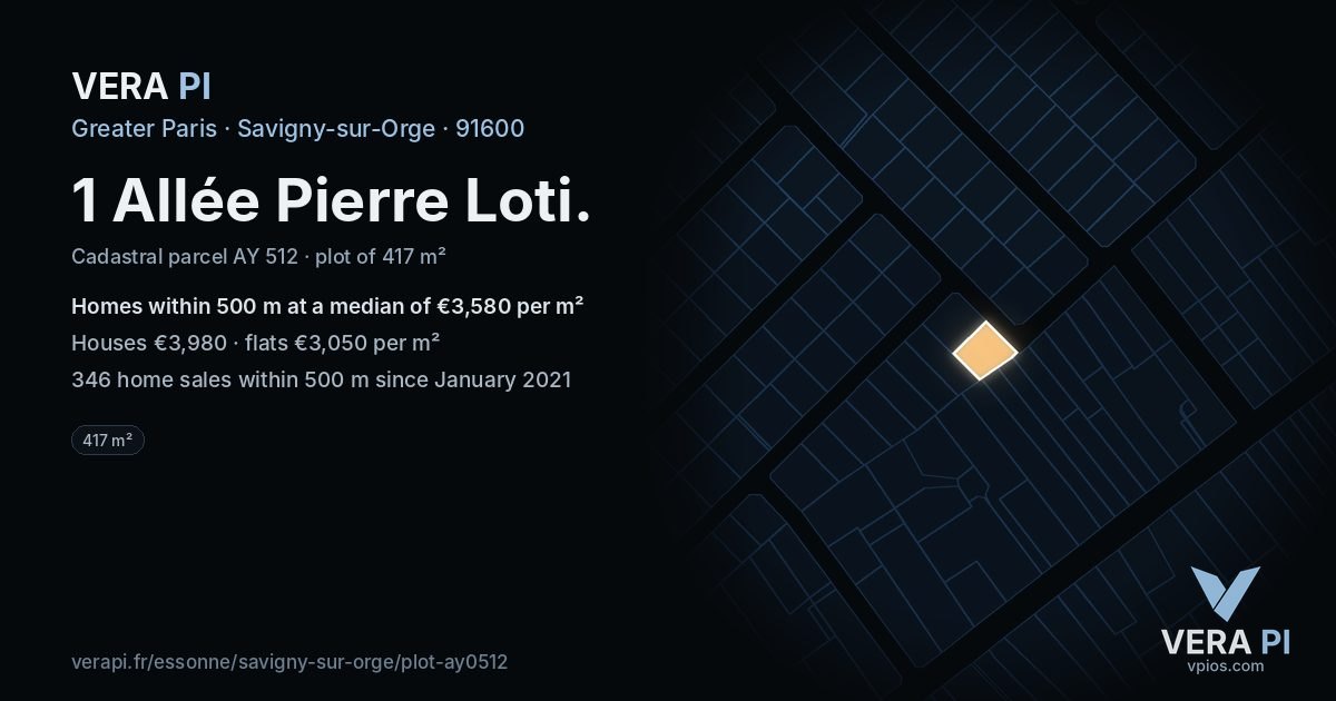 1 Allée Pierre Loti, Savigny-sur-Orge at night – the plot lit, the parcels around coloured by the prices near them