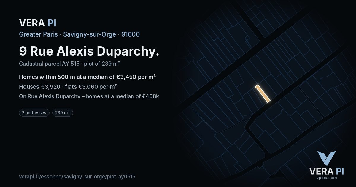 9 Rue Alexis Duparchy, Savigny-sur-Orge at night – the plot lit, the parcels around coloured by the prices near them
