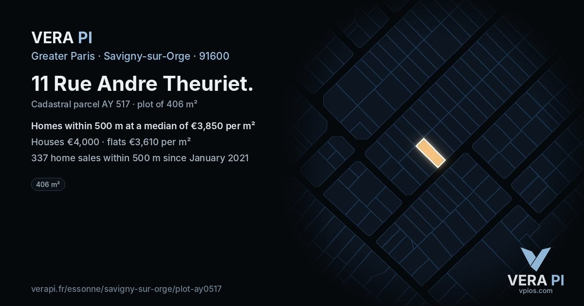 11 Rue Andre Theuriet, Savigny-sur-Orge at night – the plot lit, the parcels around coloured by the prices near them