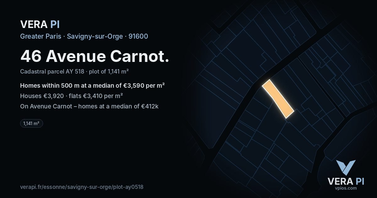 46 Avenue Carnot, Savigny-sur-Orge at night – the plot lit, the parcels around coloured by the prices near them