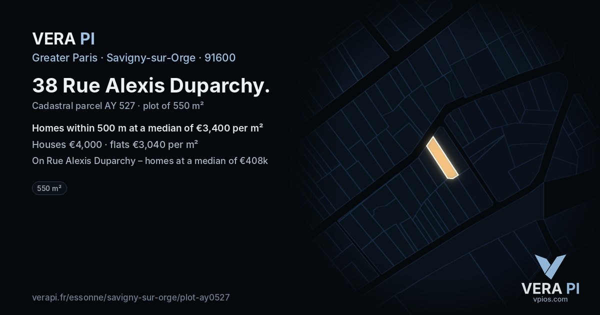 38 Rue Alexis Duparchy, Savigny-sur-Orge at night – the plot lit, the parcels around coloured by the prices near them