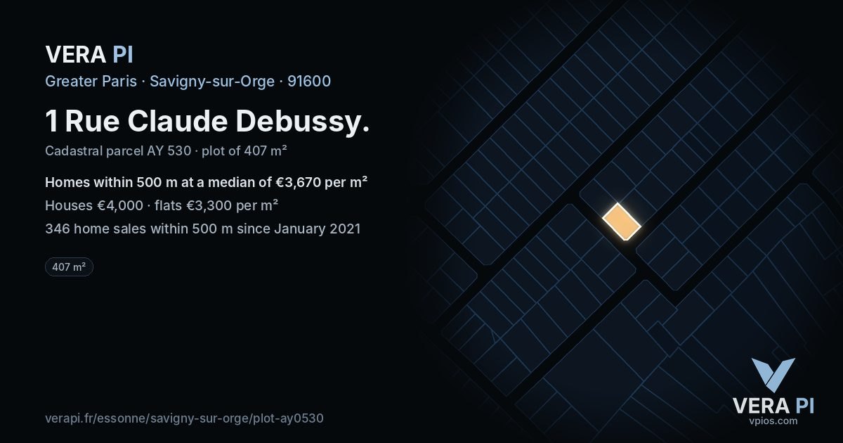 1 Rue Claude Debussy, Savigny-sur-Orge at night – the plot lit, the parcels around coloured by the prices near them