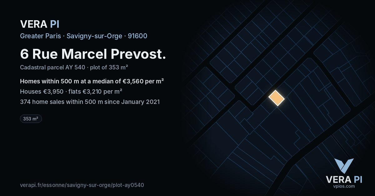 6 Rue Marcel Prevost, Savigny-sur-Orge at night – the plot lit, the parcels around coloured by the prices near them