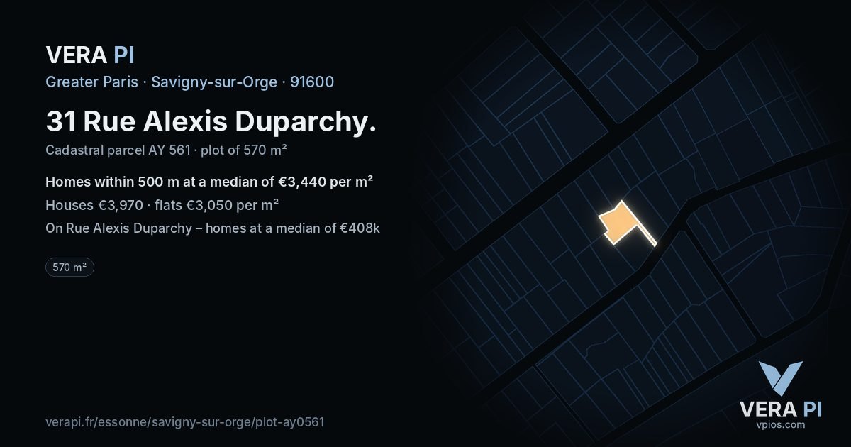 31 Rue Alexis Duparchy, Savigny-sur-Orge at night – the plot lit, the parcels around coloured by the prices near them
