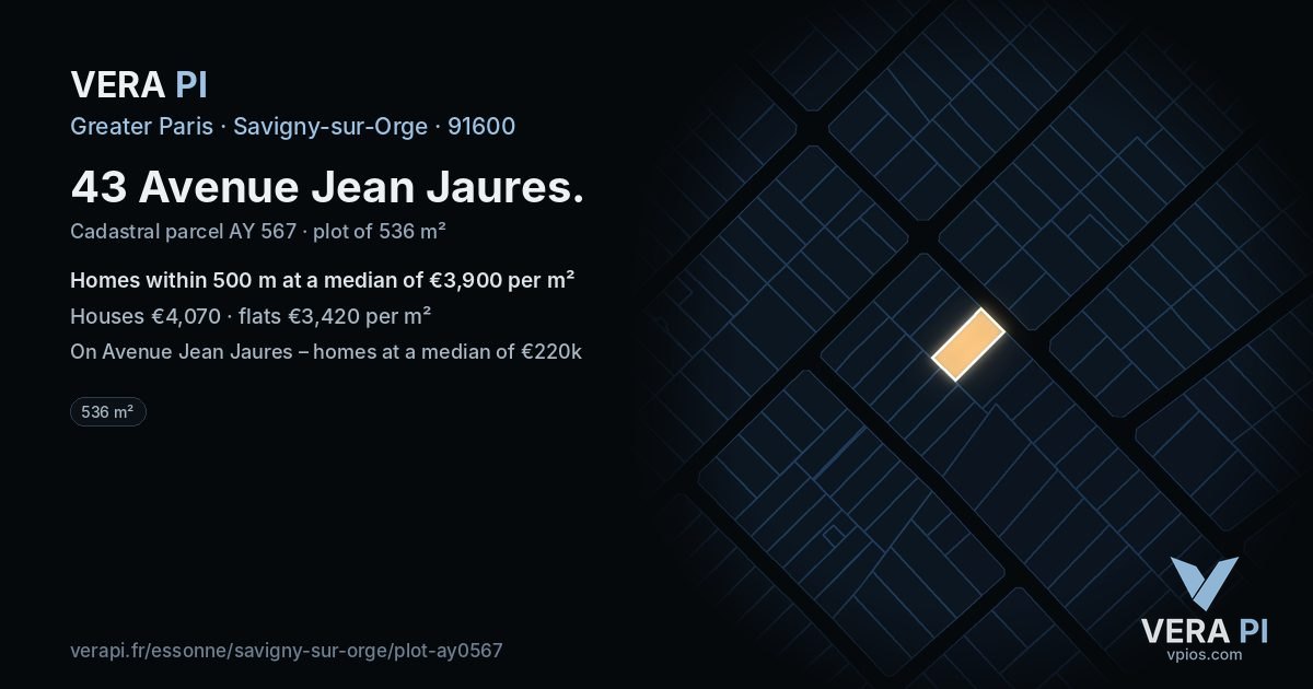 43 Avenue Jean Jaures, Savigny-sur-Orge at night – the plot lit, the parcels around coloured by the prices near them
