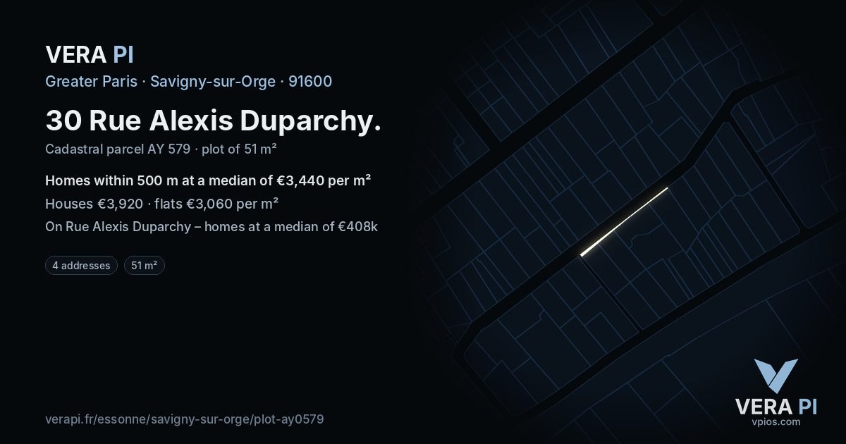 30 Rue Alexis Duparchy, Savigny-sur-Orge at night – the plot lit, the parcels around coloured by the prices near them