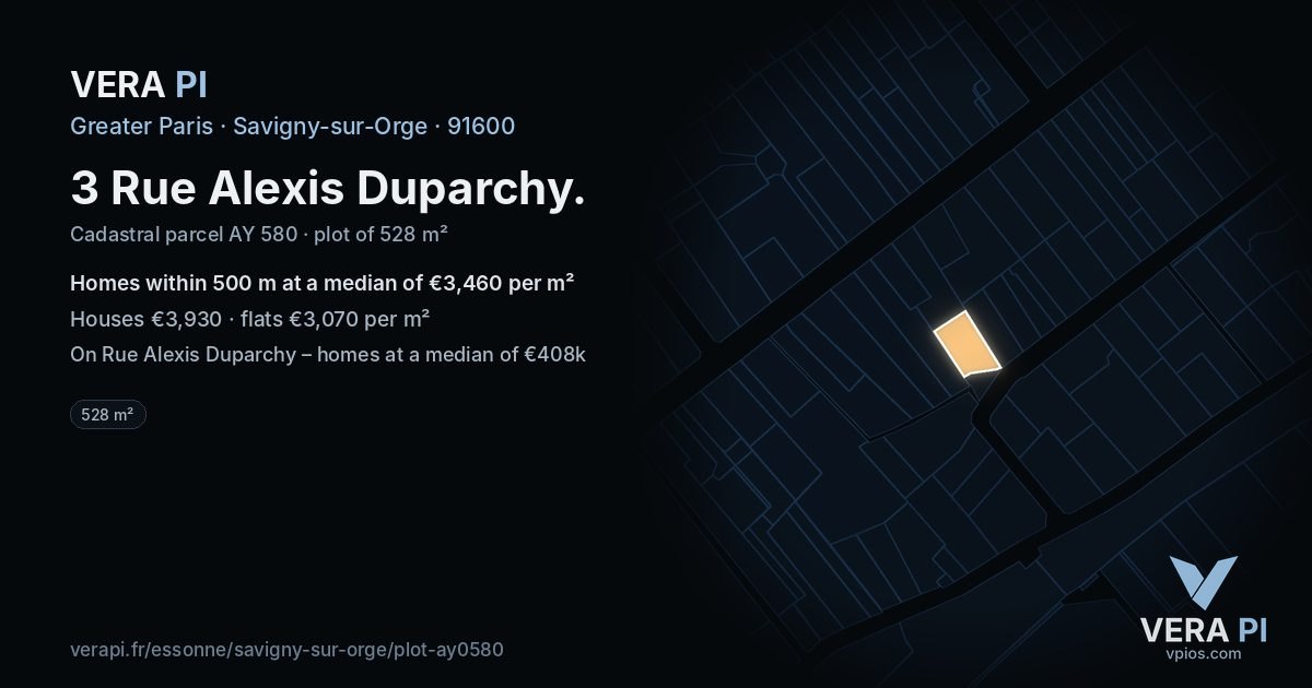3 Rue Alexis Duparchy, Savigny-sur-Orge at night – the plot lit, the parcels around coloured by the prices near them