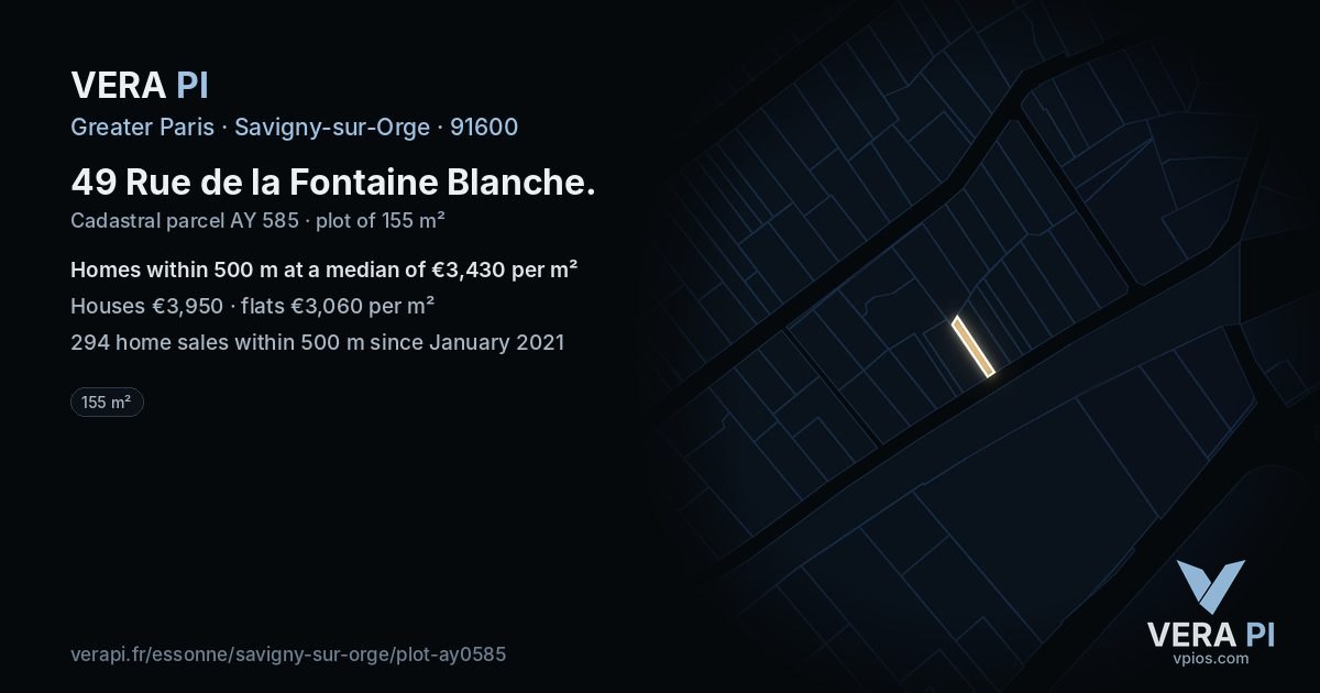 49 Rue de la Fontaine Blanche, Savigny-sur-Orge at night – the plot lit, the parcels around coloured by the prices near them