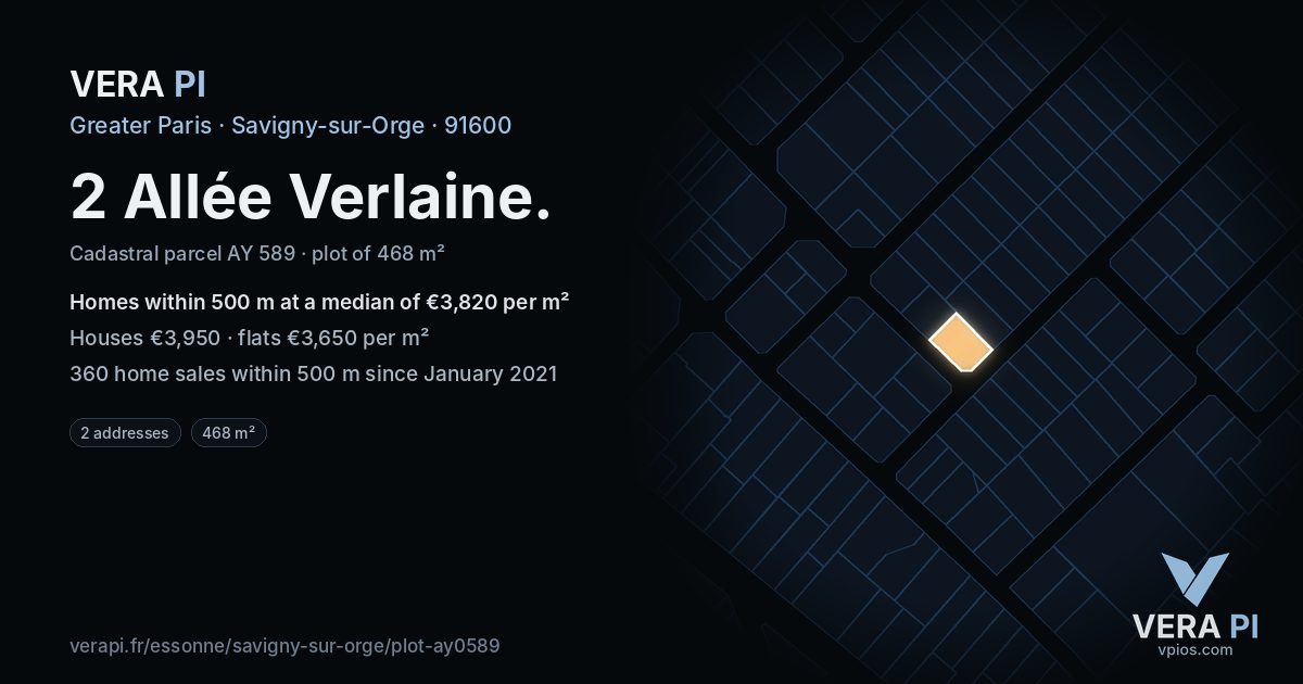 2 Allée Verlaine, Savigny-sur-Orge at night – the plot lit, the parcels around coloured by the prices near them