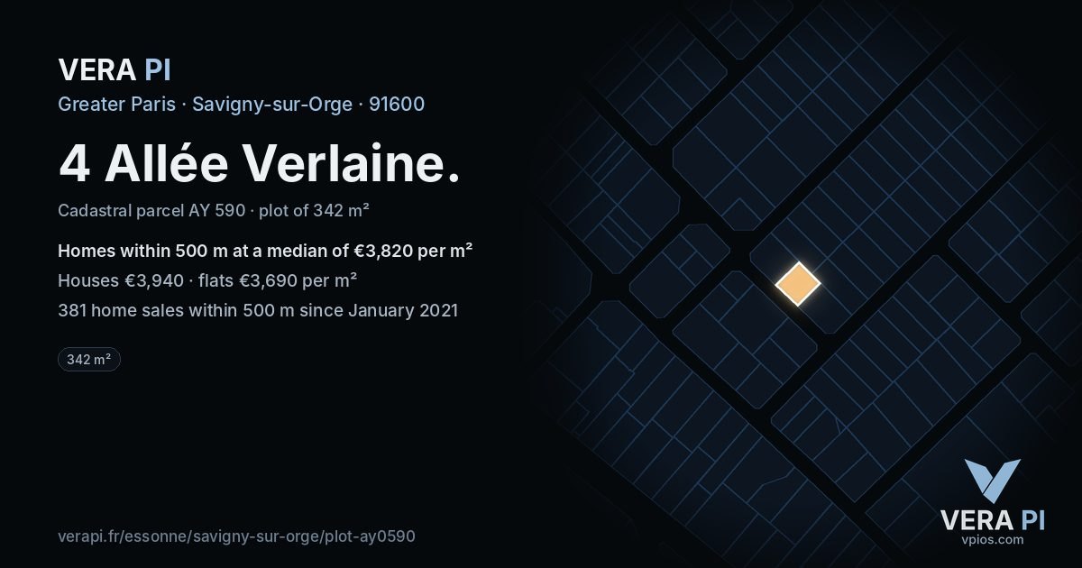 4 Allée Verlaine, Savigny-sur-Orge at night – the plot lit, the parcels around coloured by the prices near them