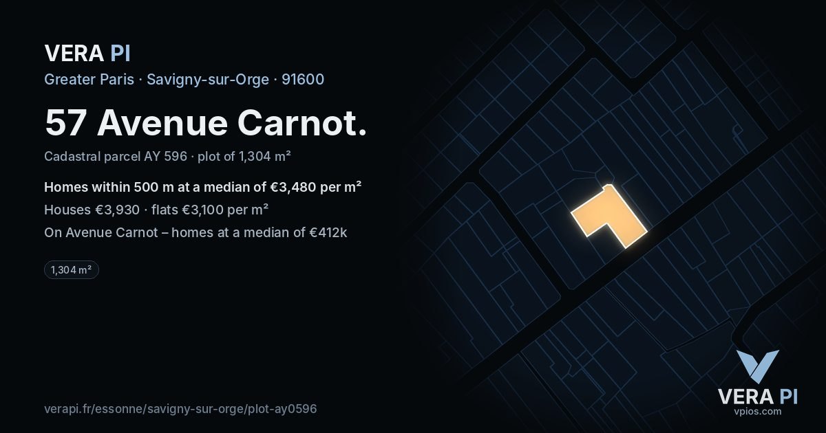 57 Avenue Carnot, Savigny-sur-Orge at night – the plot lit, the parcels around coloured by the prices near them