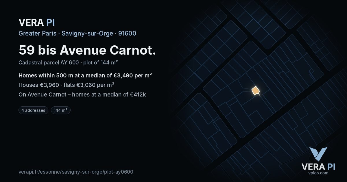 59 bis Avenue Carnot, Savigny-sur-Orge at night – the plot lit, the parcels around coloured by the prices near them