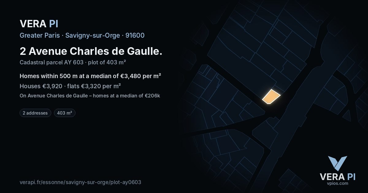 2 Avenue Charles de Gaulle, Savigny-sur-Orge at night – the plot lit, the parcels around coloured by the prices near them