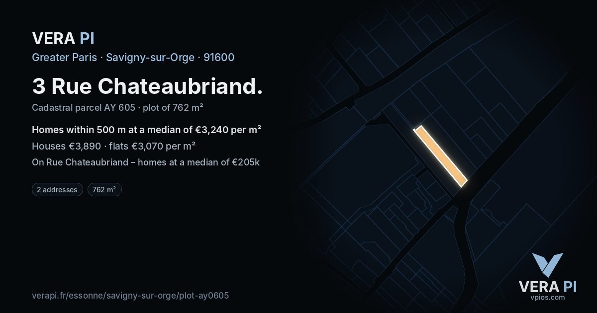 3 Rue Chateaubriand, Savigny-sur-Orge at night – the plot lit, the parcels around coloured by the prices near them