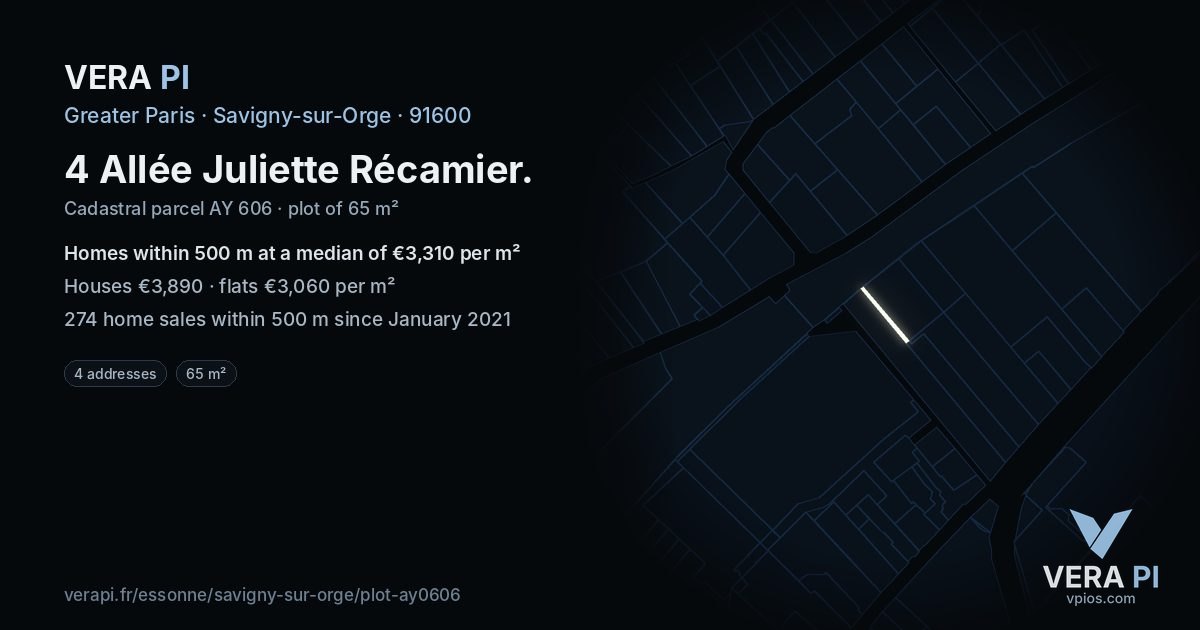 4 Allée Juliette Récamier, Savigny-sur-Orge at night – the plot lit, the parcels around coloured by the prices near them