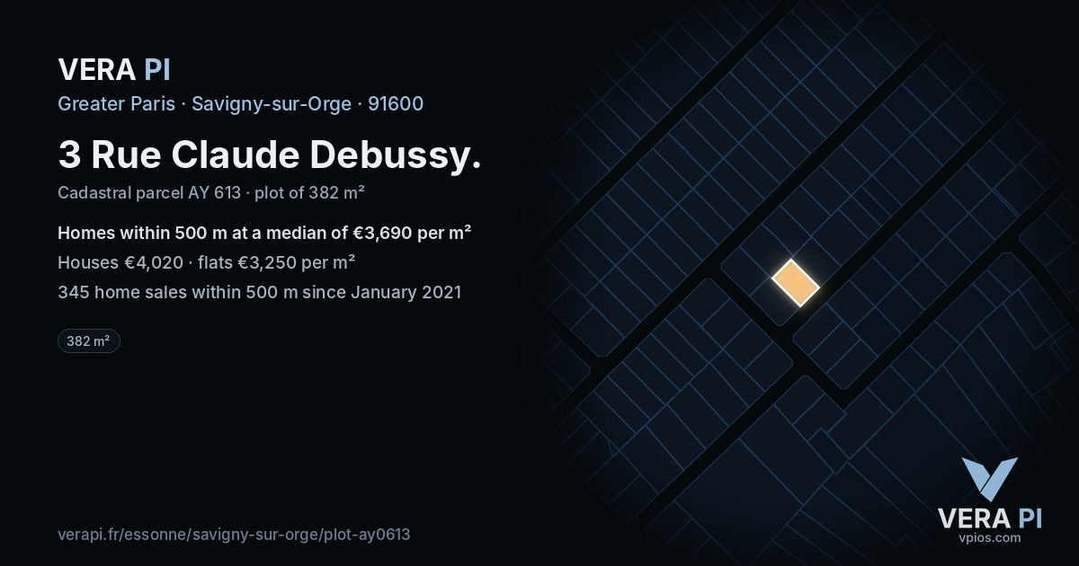 3 Rue Claude Debussy, Savigny-sur-Orge at night – the plot lit, the parcels around coloured by the prices near them