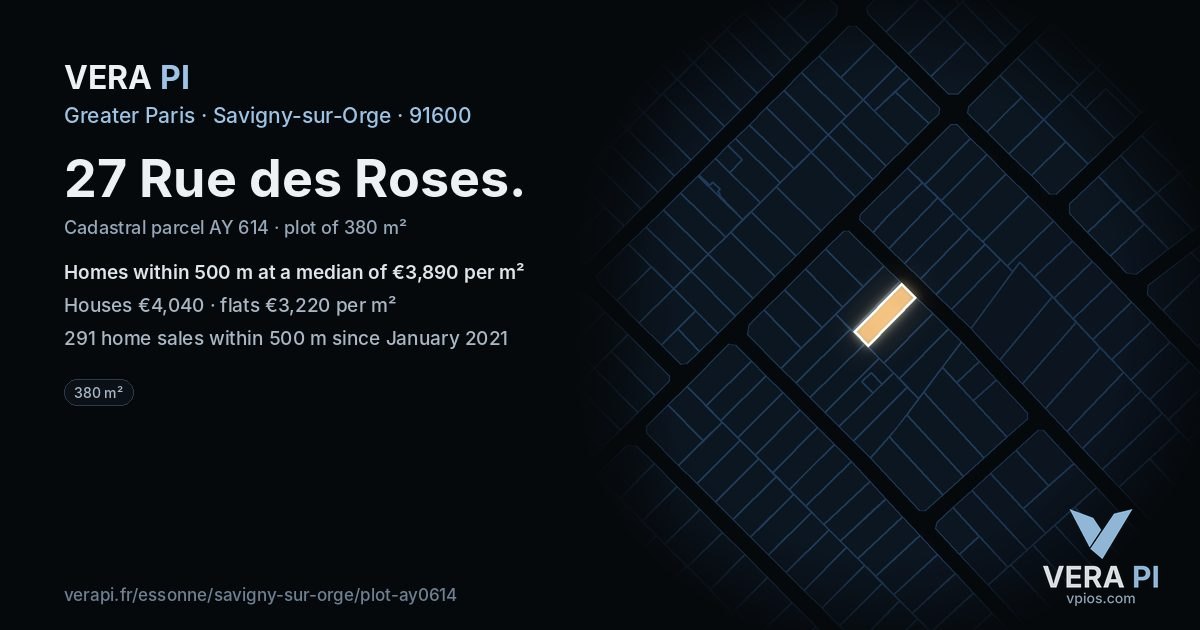 27 Rue des Roses, Savigny-sur-Orge at night – the plot lit, the parcels around coloured by the prices near them