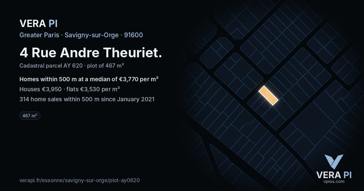 4 Rue Andre Theuriet, Savigny-sur-Orge at night – the plot lit, the parcels around coloured by the prices near them