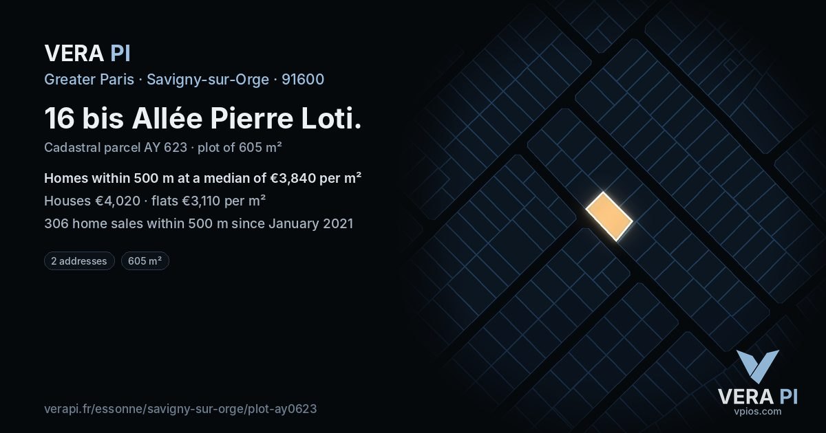 16 bis Allée Pierre Loti, Savigny-sur-Orge at night – the plot lit, the parcels around coloured by the prices near them