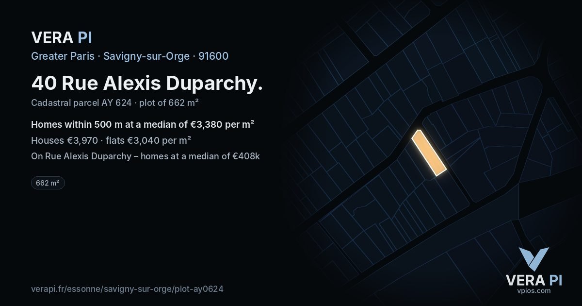 40 Rue Alexis Duparchy, Savigny-sur-Orge at night – the plot lit, the parcels around coloured by the prices near them