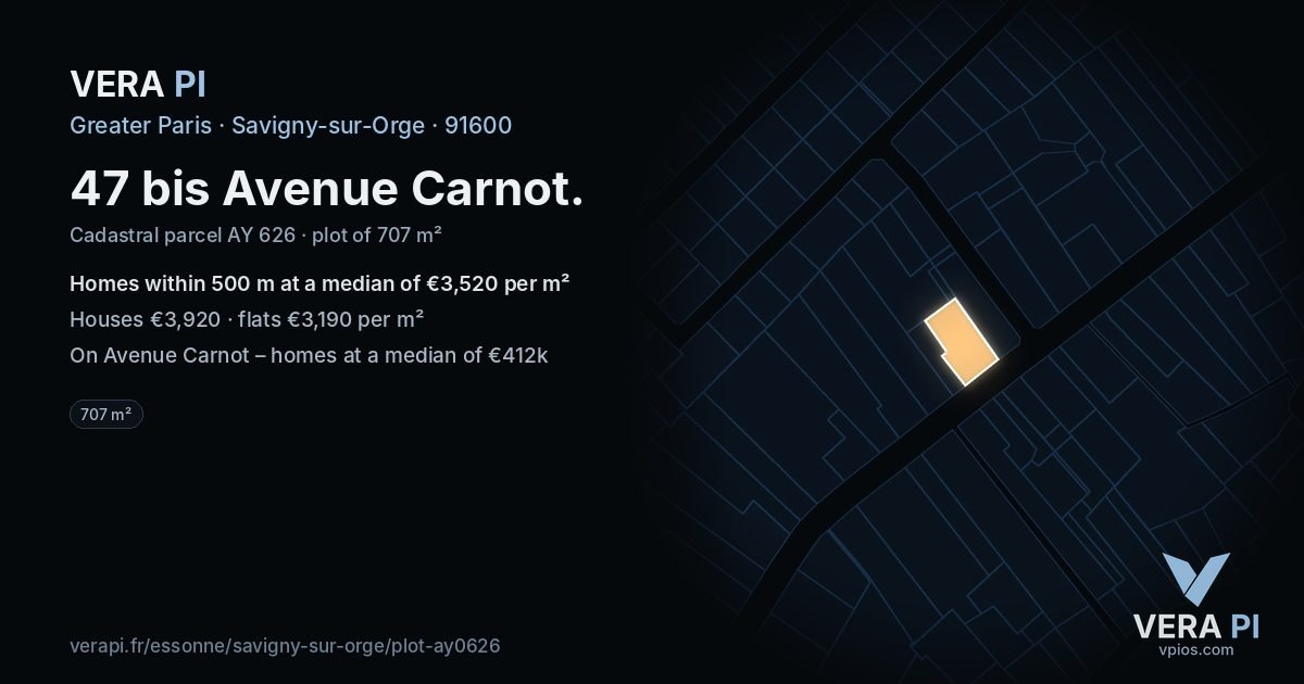 47 bis Avenue Carnot, Savigny-sur-Orge at night – the plot lit, the parcels around coloured by the prices near them