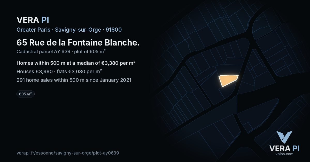 65 Rue de la Fontaine Blanche, Savigny-sur-Orge at night – the plot lit, the parcels around coloured by the prices near them