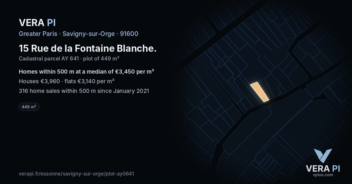 15 Rue de la Fontaine Blanche, Savigny-sur-Orge at night – the plot lit, the parcels around coloured by the prices near them
