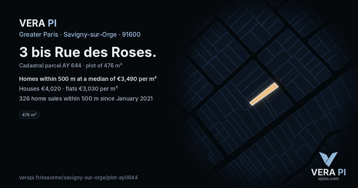 3 bis Rue des Roses, Savigny-sur-Orge at night – the plot lit, the parcels around coloured by the prices near them
