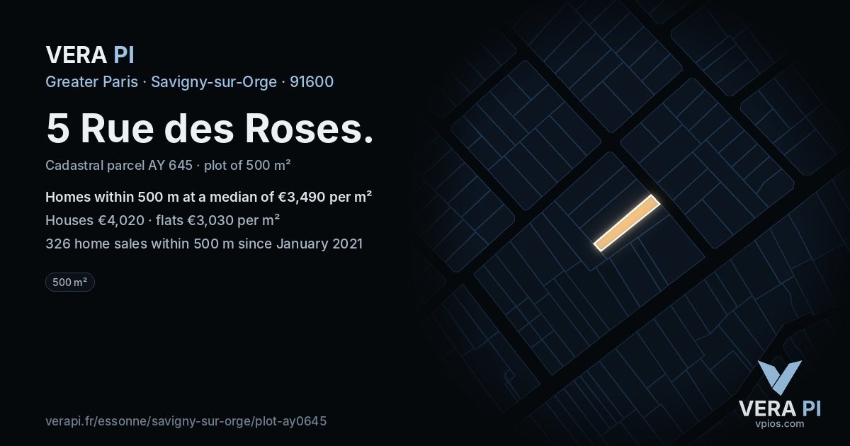 5 Rue des Roses, Savigny-sur-Orge at night – the plot lit, the parcels around coloured by the prices near them
