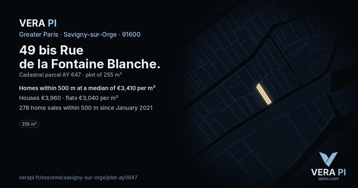 49 bis Rue de la Fontaine Blanche, Savigny-sur-Orge at night – the plot lit, the parcels around coloured by the prices near them