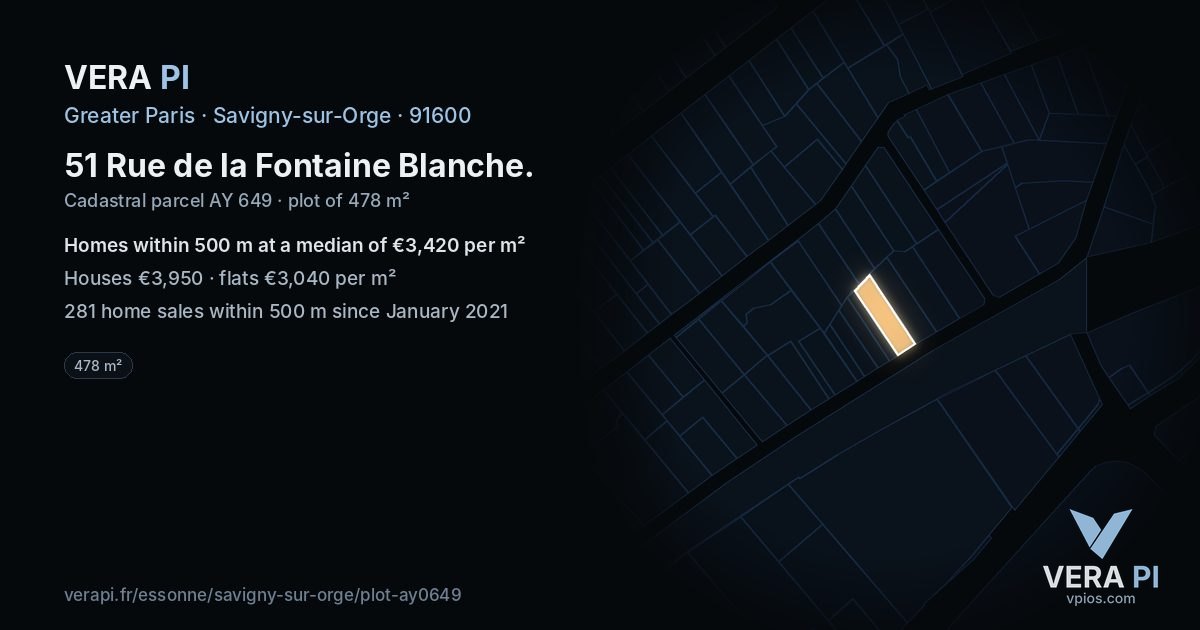 51 Rue de la Fontaine Blanche, Savigny-sur-Orge at night – the plot lit, the parcels around coloured by the prices near them