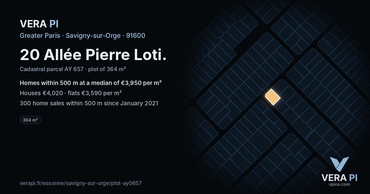 20 Allée Pierre Loti, Savigny-sur-Orge at night – the plot lit, the parcels around coloured by the prices near them