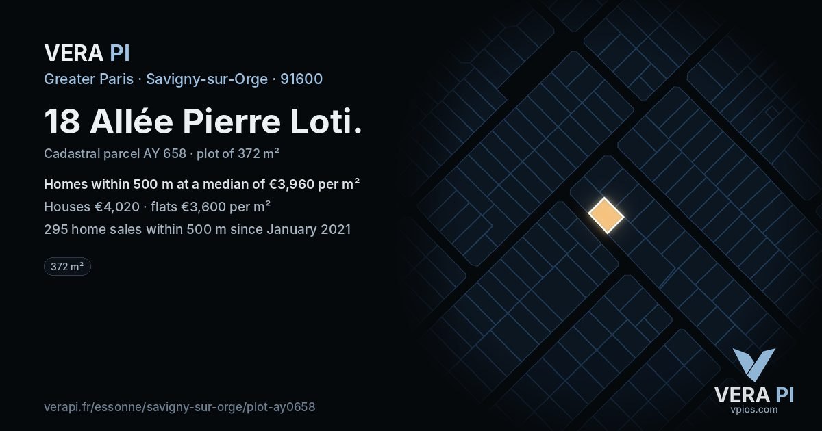 18 Allée Pierre Loti, Savigny-sur-Orge at night – the plot lit, the parcels around coloured by the prices near them