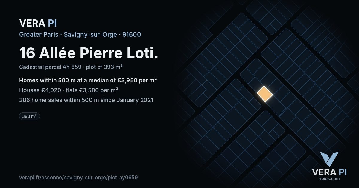 16 Allée Pierre Loti, Savigny-sur-Orge at night – the plot lit, the parcels around coloured by the prices near them