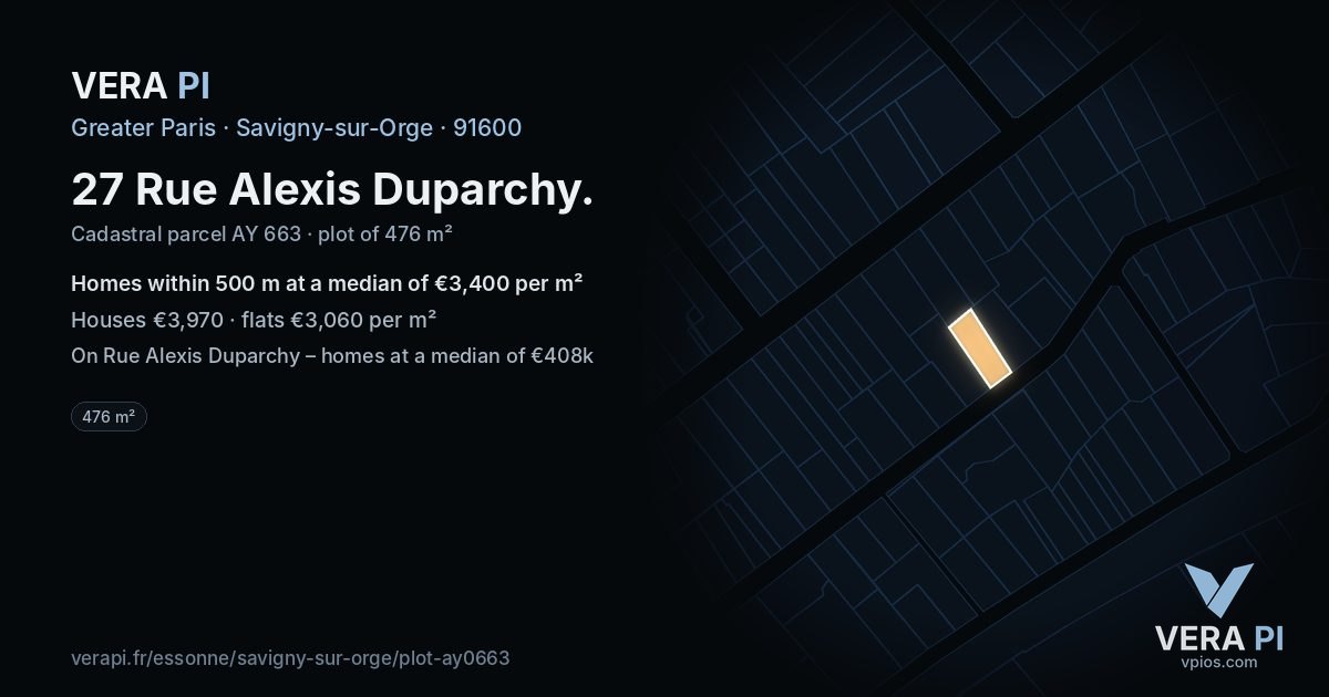 27 Rue Alexis Duparchy, Savigny-sur-Orge at night – the plot lit, the parcels around coloured by the prices near them