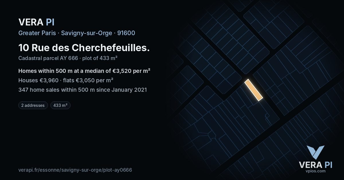 10 Rue des Cherchefeuilles, Savigny-sur-Orge at night – the plot lit, the parcels around coloured by the prices near them