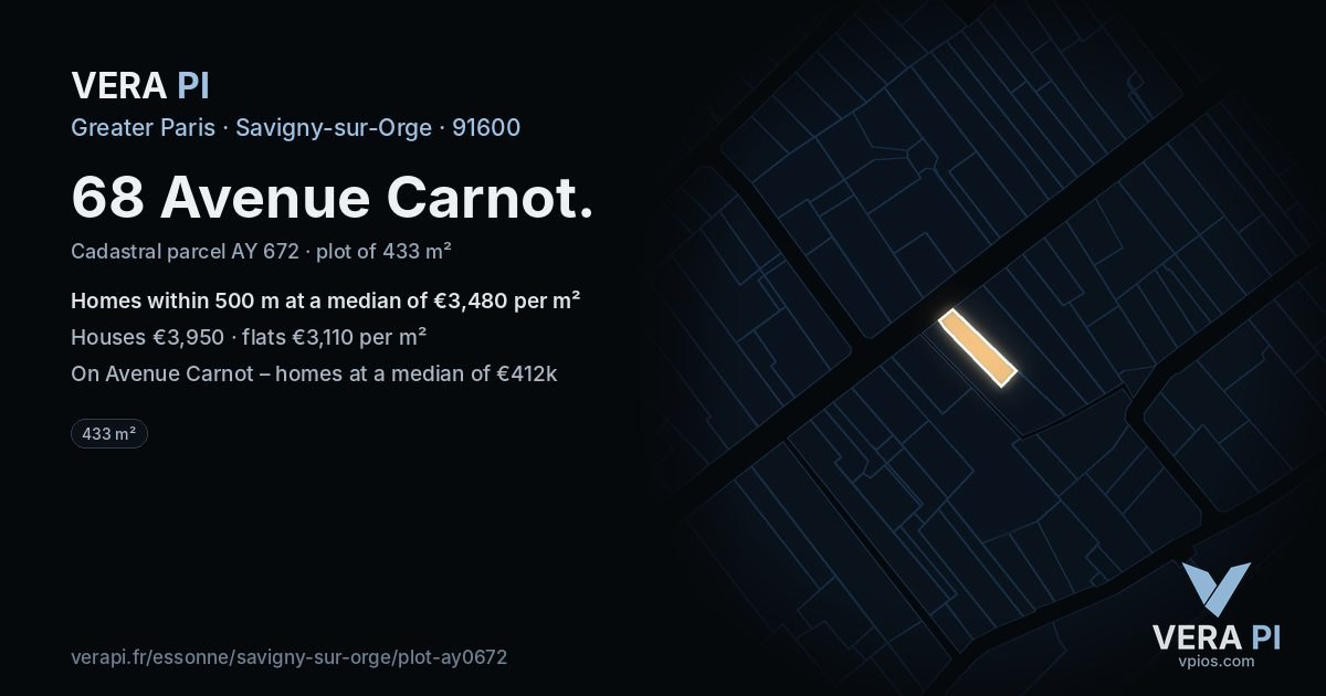68 Avenue Carnot, Savigny-sur-Orge at night – the plot lit, the parcels around coloured by the prices near them
